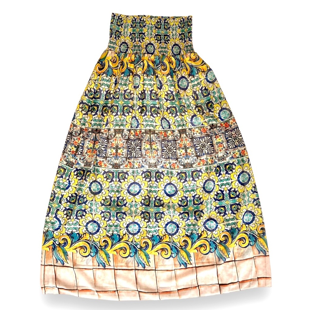 TRAFFIC PEOPLE Strapless Smocked Midi Dress Maxi Skirt Mosaic Tuscan Print Small
